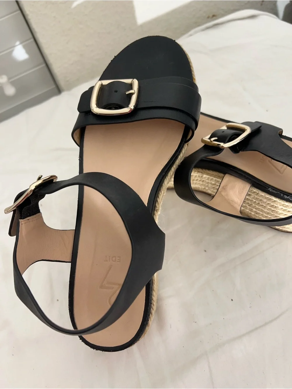 27 EDIT Black Platform Espadrille Sandals with Gold Buckles